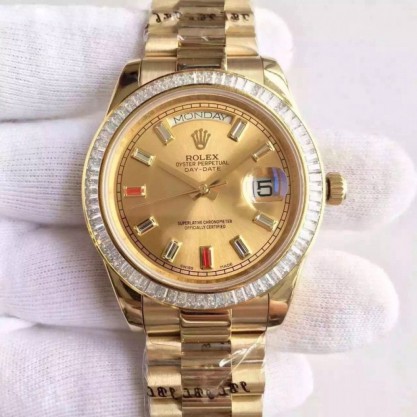 Replica Rolex Day-Date II 218238 41MM KW Yellow Gold & Diamonds Champagne Dial Swiss 3255