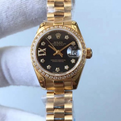 Replica Rolex Lady Datejust 28 279138RBR 28MM Yellow Gold & Diamonds Black Dial Swiss 2671